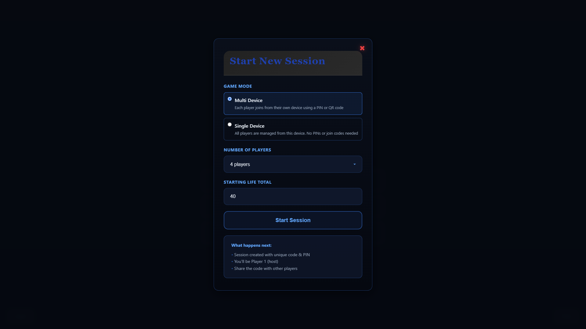 Start session modal with game mode and player count