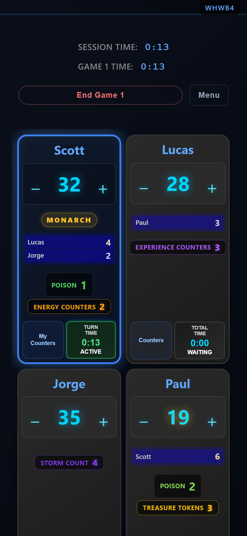 Spellstate player cards in an active Commander game, showing life totals, commander damage, counters, and monarch